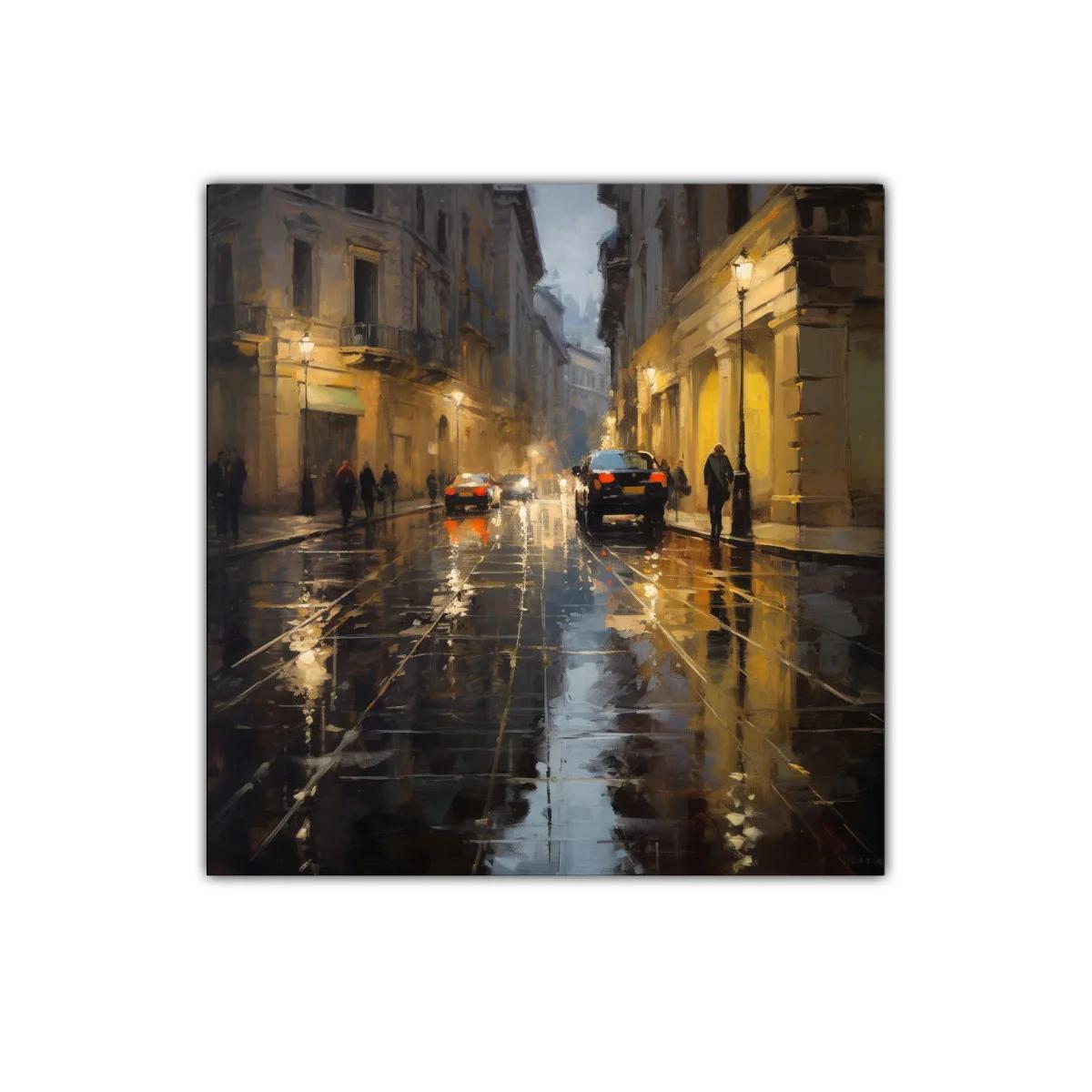 Calle urbana iluminada con reflejos en pavimento mojado — imagen principal