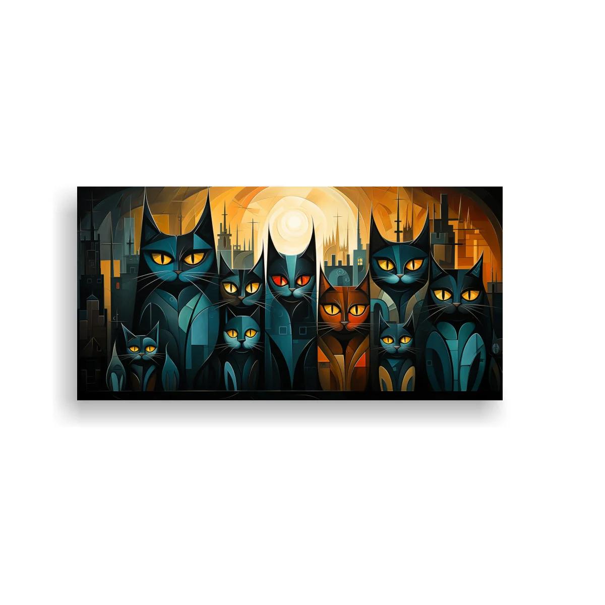 Cuadro grupo de gatos negros con luna grande