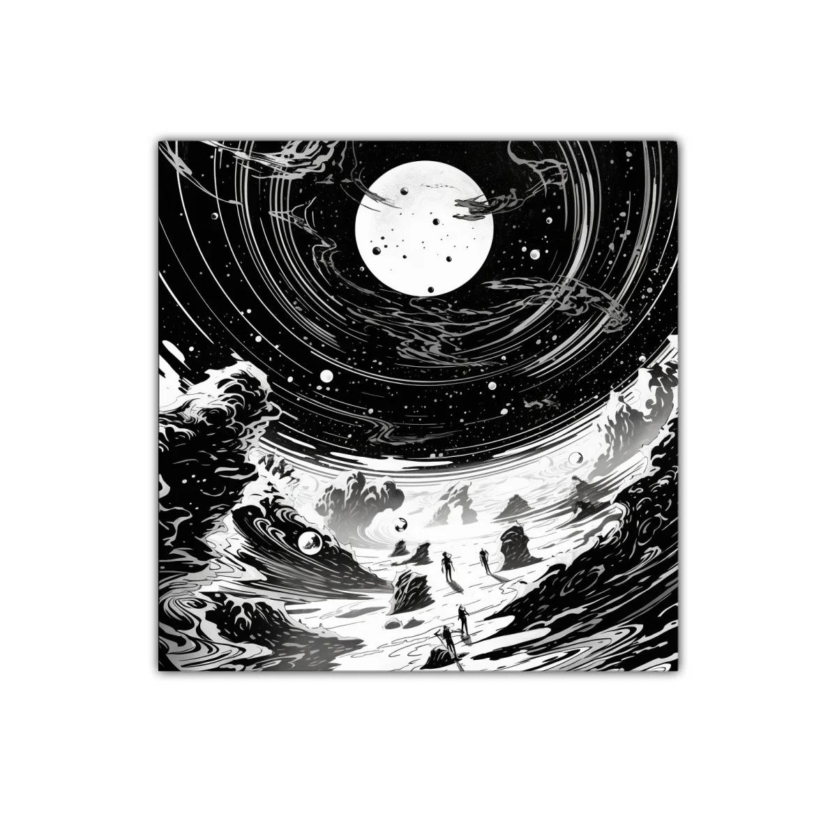 Paisaje cósmico surrealista en blanco y negro impactante