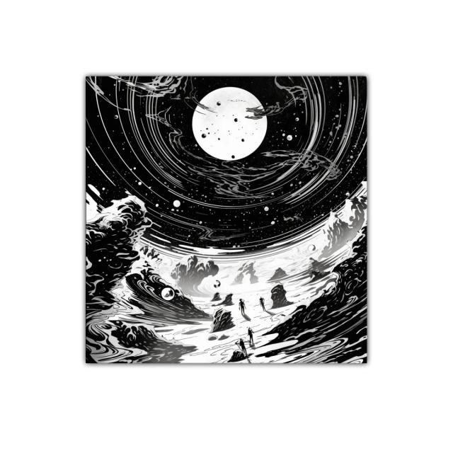 Paisaje cósmico surrealista en blanco y negro impactante