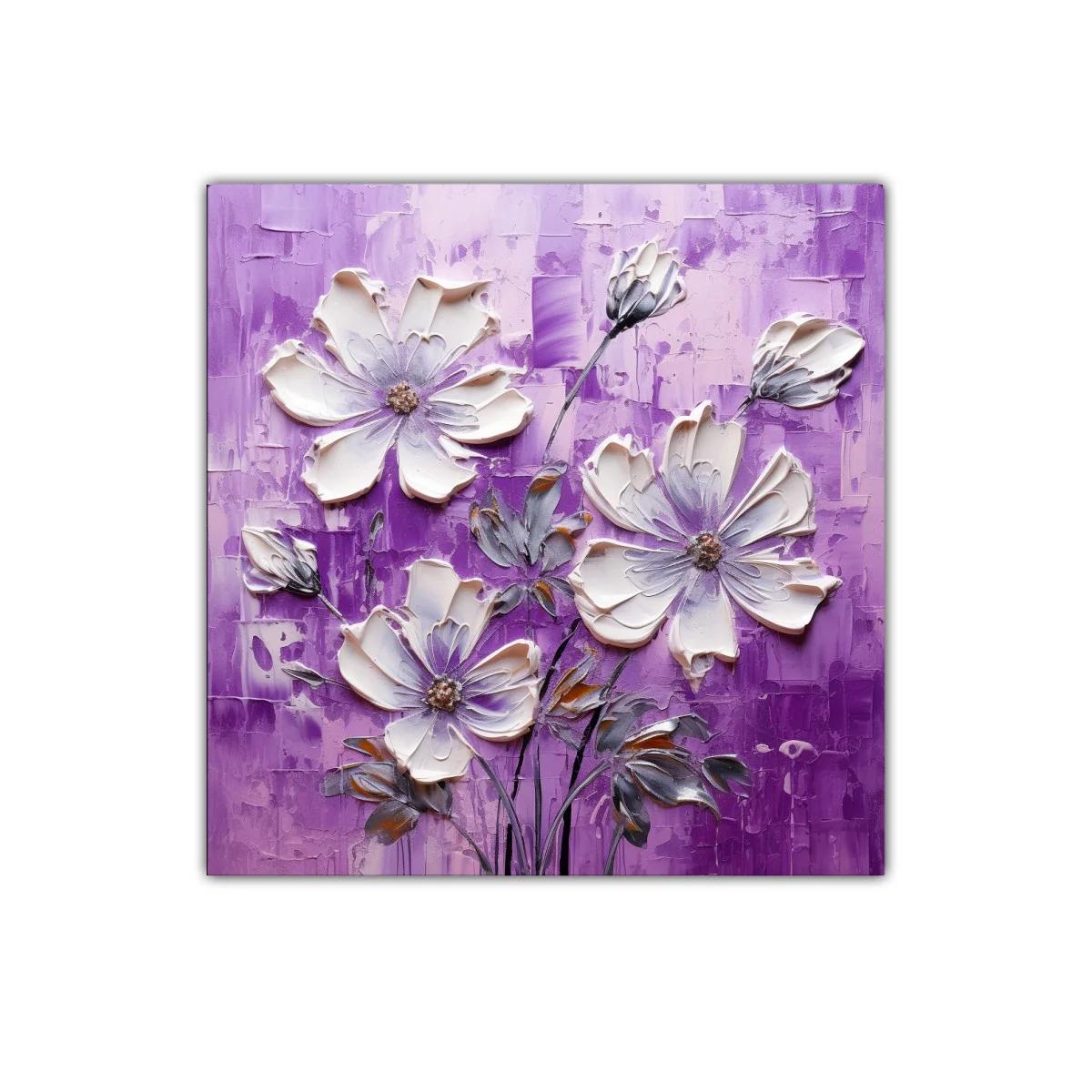 Cuadro floral con pétalos blancos y fondo morado intenso