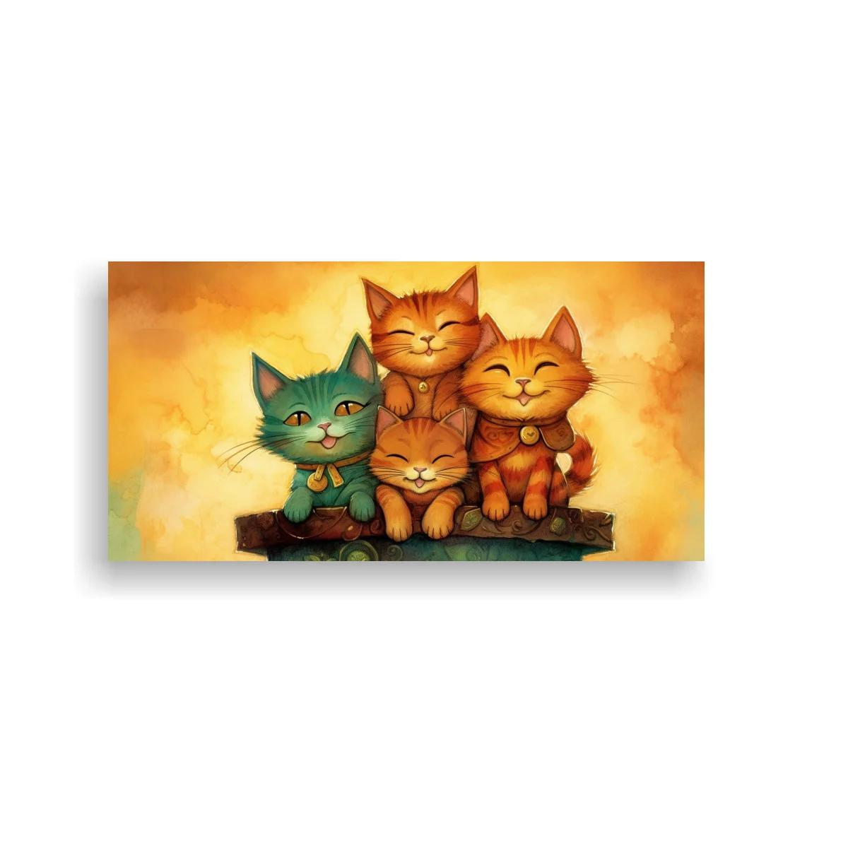 Cuadro tres gatos sonrientes con gatito pequeño en repisa