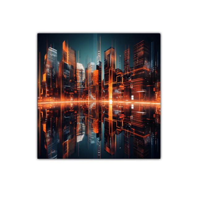 Ciudad futurista iluminada con reflejos naranjas vibrantes