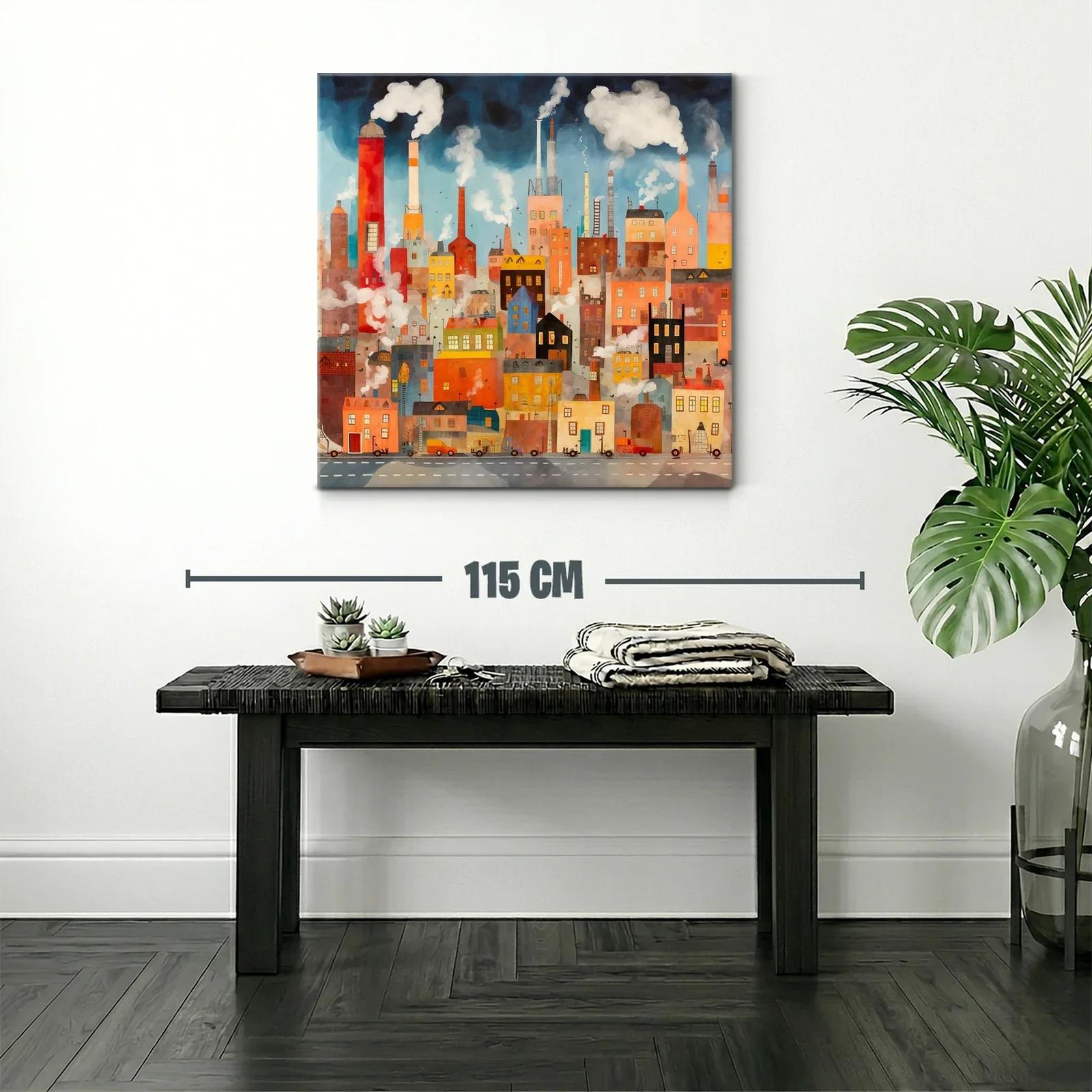 Ciudad industrial con chimeneas y humo en tonos cálidos — miniatura 2