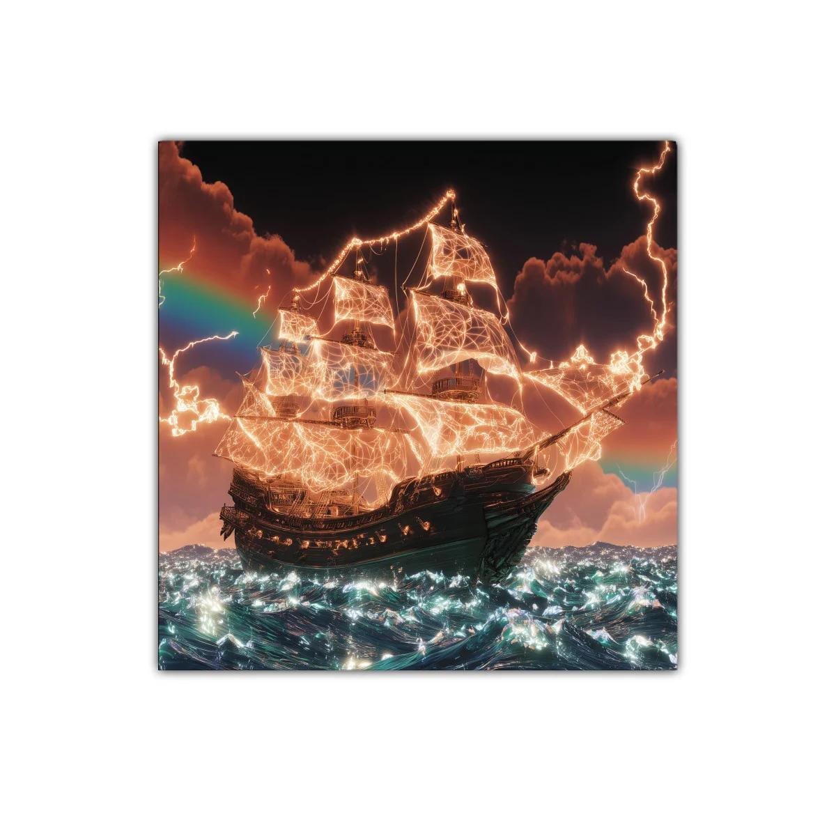 Barco iluminado navegando en mar eléctrico con arcoíris — imagen principal