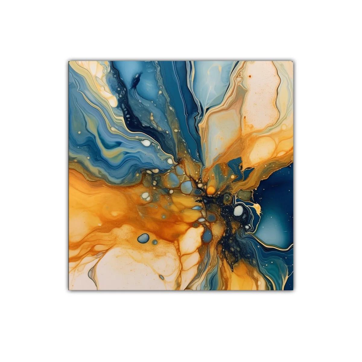 Cuadro abstracto con tonos azul y ocre vibrantes