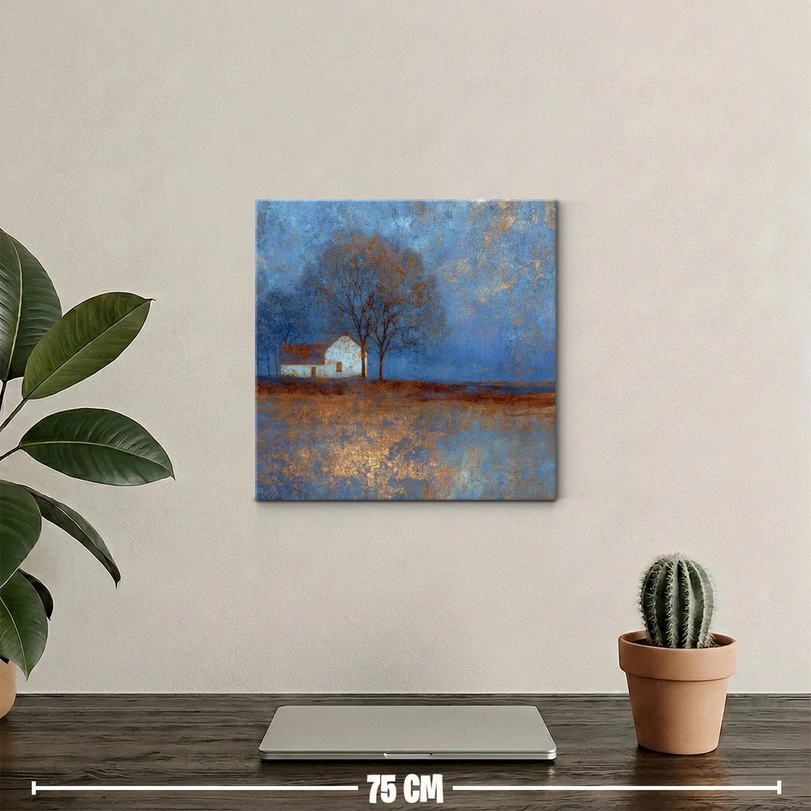 Paisaje sereno con casa y árboles en tonos azules y dorados — miniatura 2