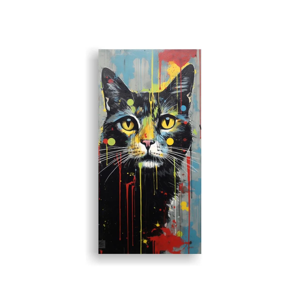 Cuadro gato negro con ojos amarillos y chorretones de pintura