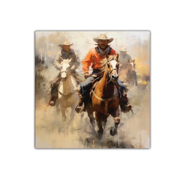 Cuadro con vaqueros montando a caballo en movimiento