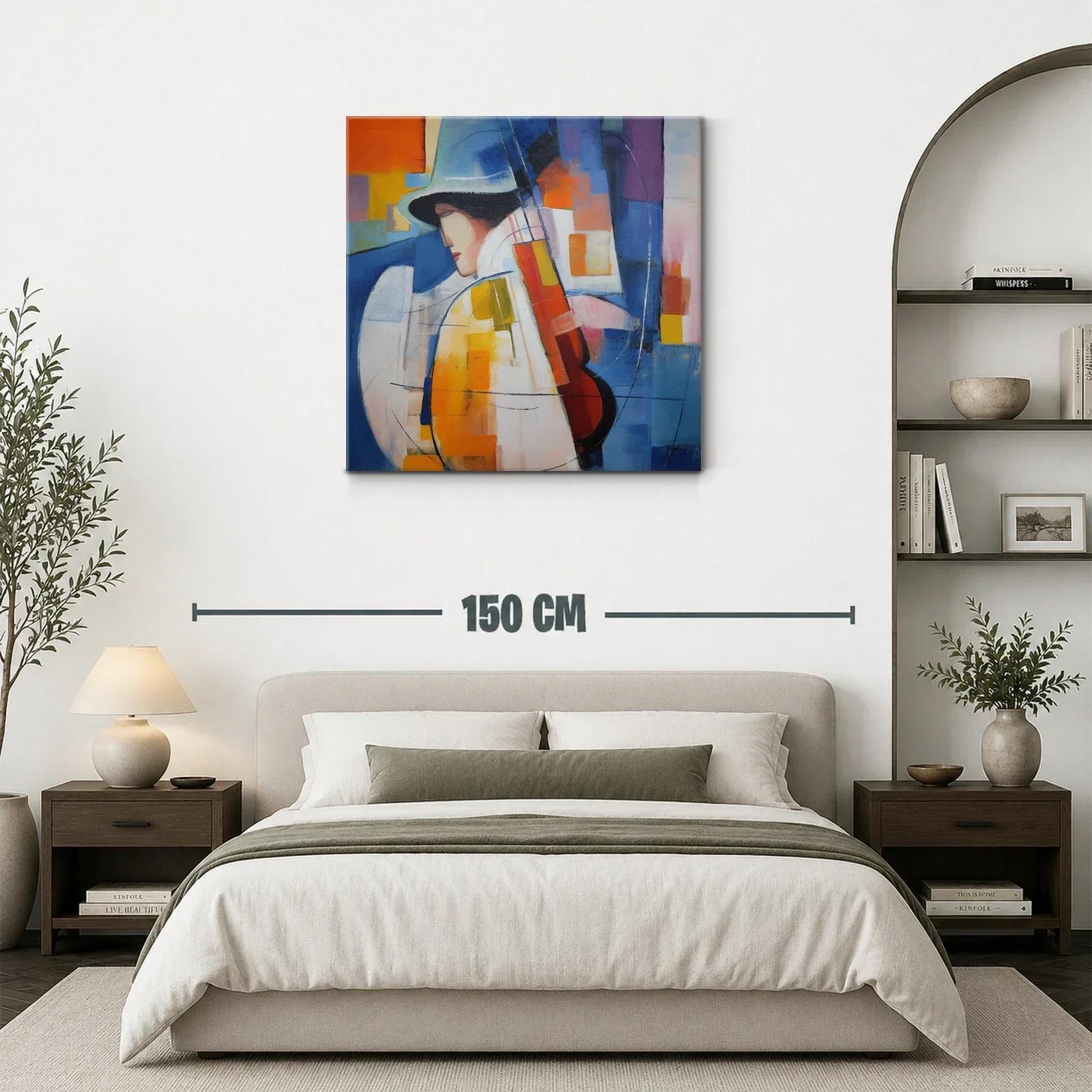Cuadro abstracto con músico y paleta vibrante azul y naranja — miniatura 3