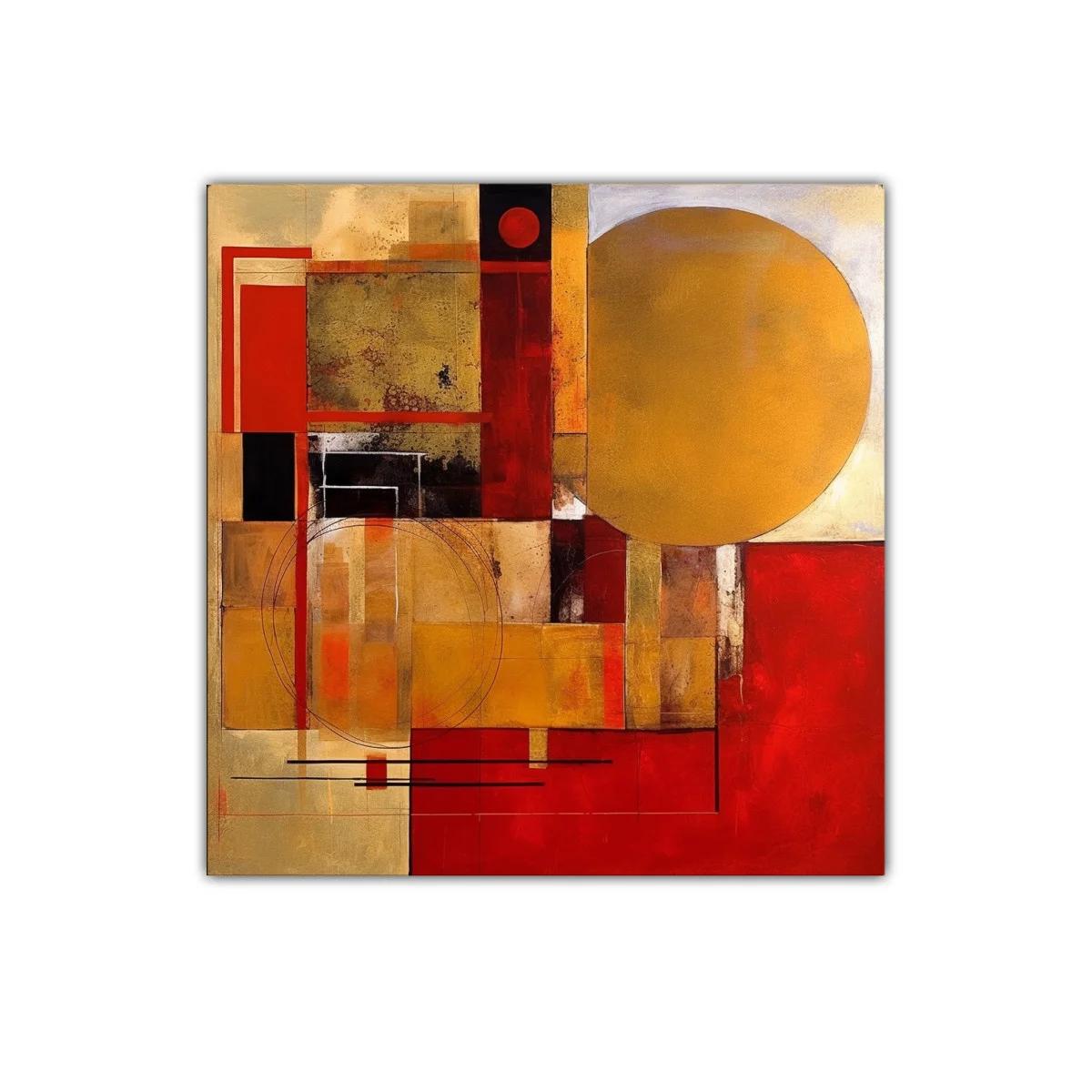 Composición abstracta en rojo y dorado con formas geométricas