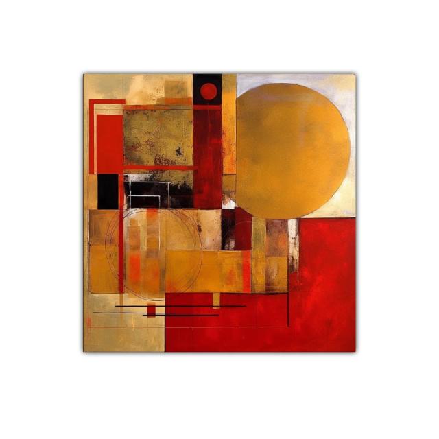 Composición abstracta en rojo y dorado con formas geométricas