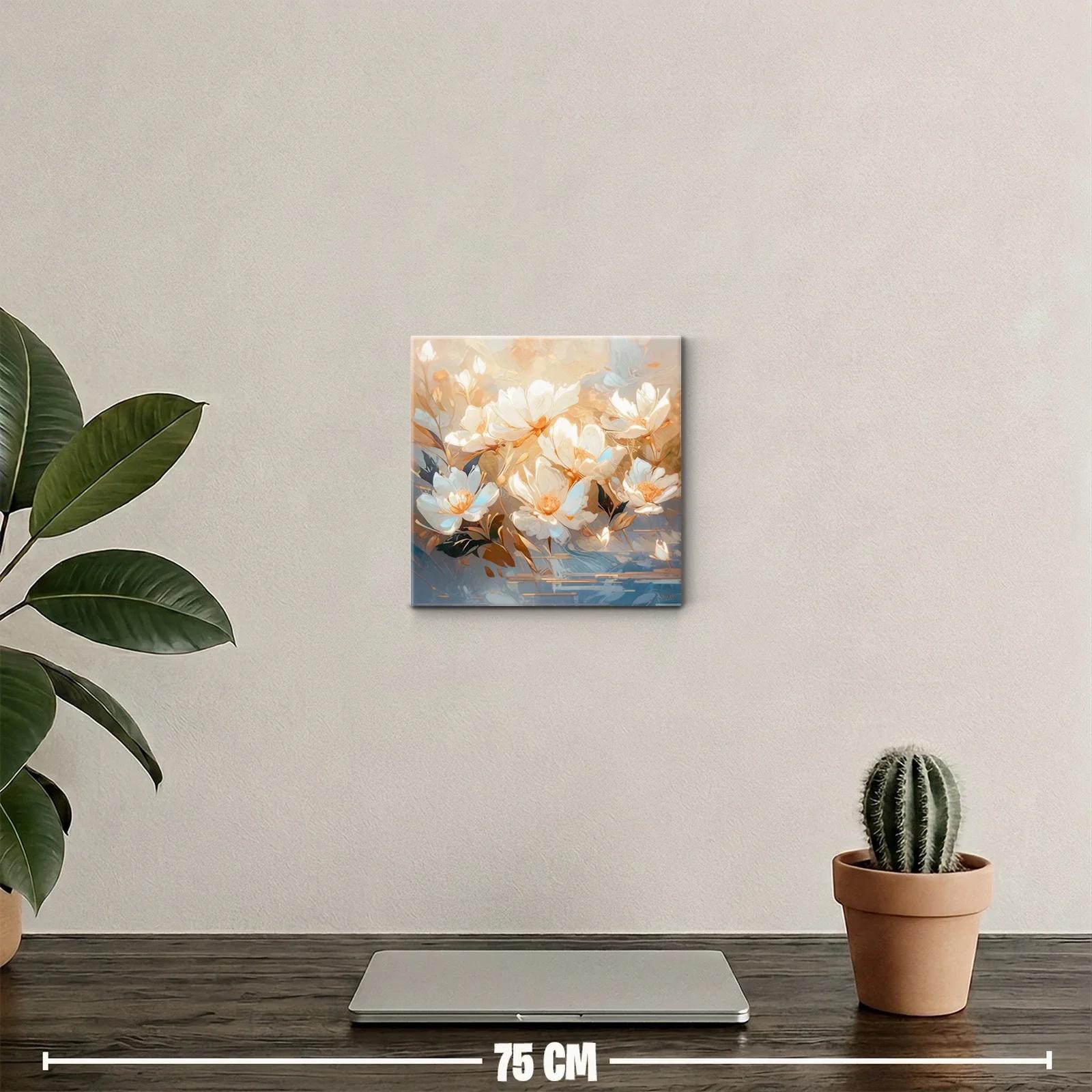 Cuadro floral con flores blancas y tonos cálidos y azules — miniatura 2
