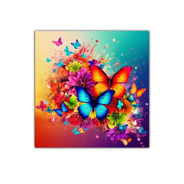 Cuadro decorativo con mariposas y flores multicolor vibrante