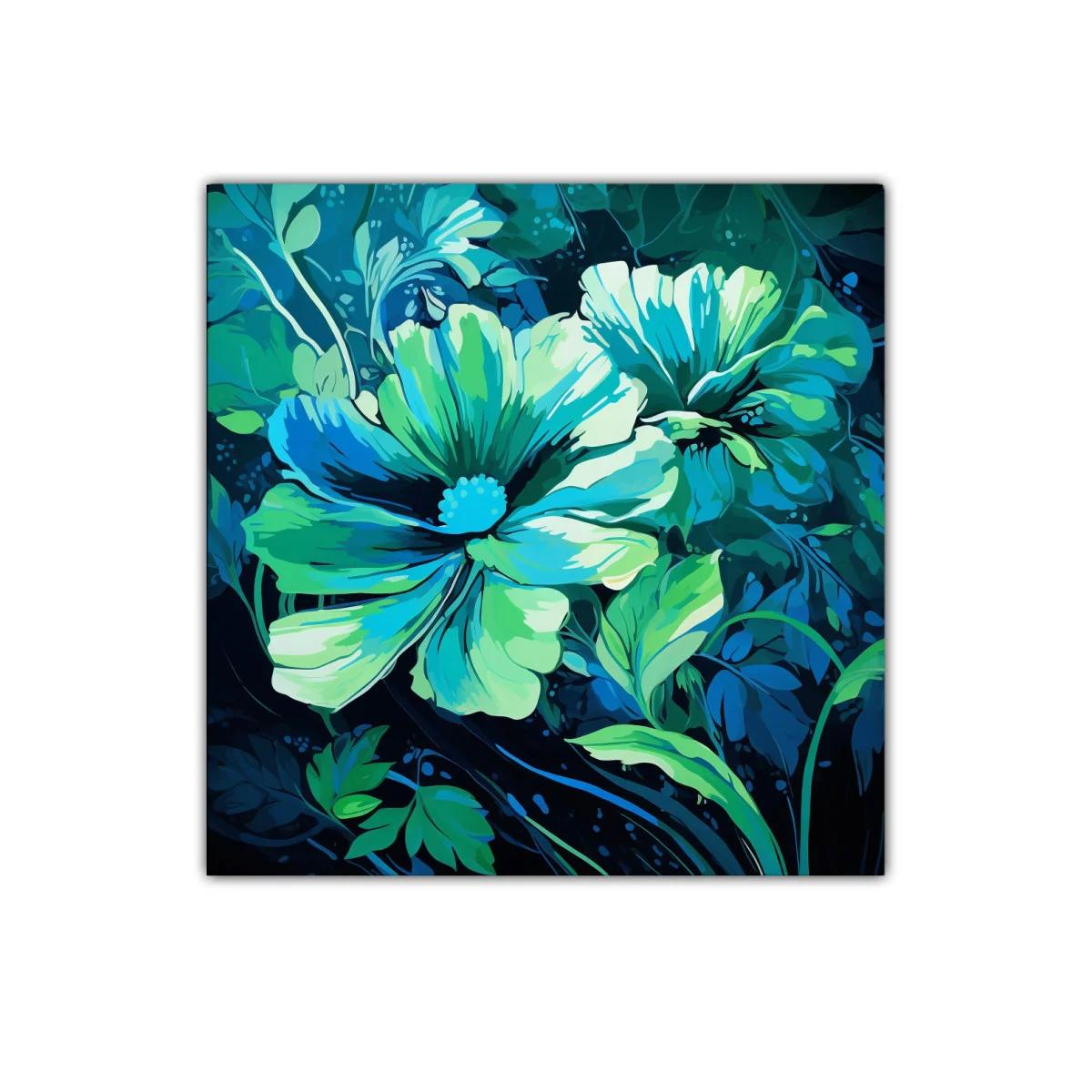 Cuadro floral en tonos azules y verdes vibrantes