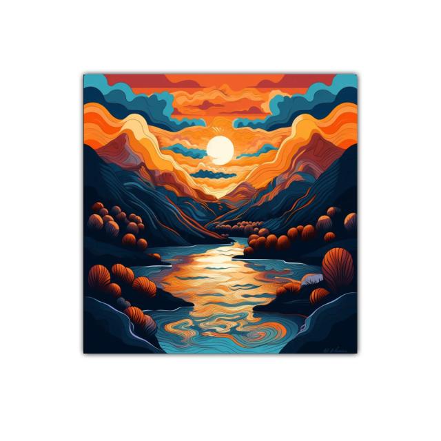 Paisaje de atardecer con río entre montañas y tonos cálidos