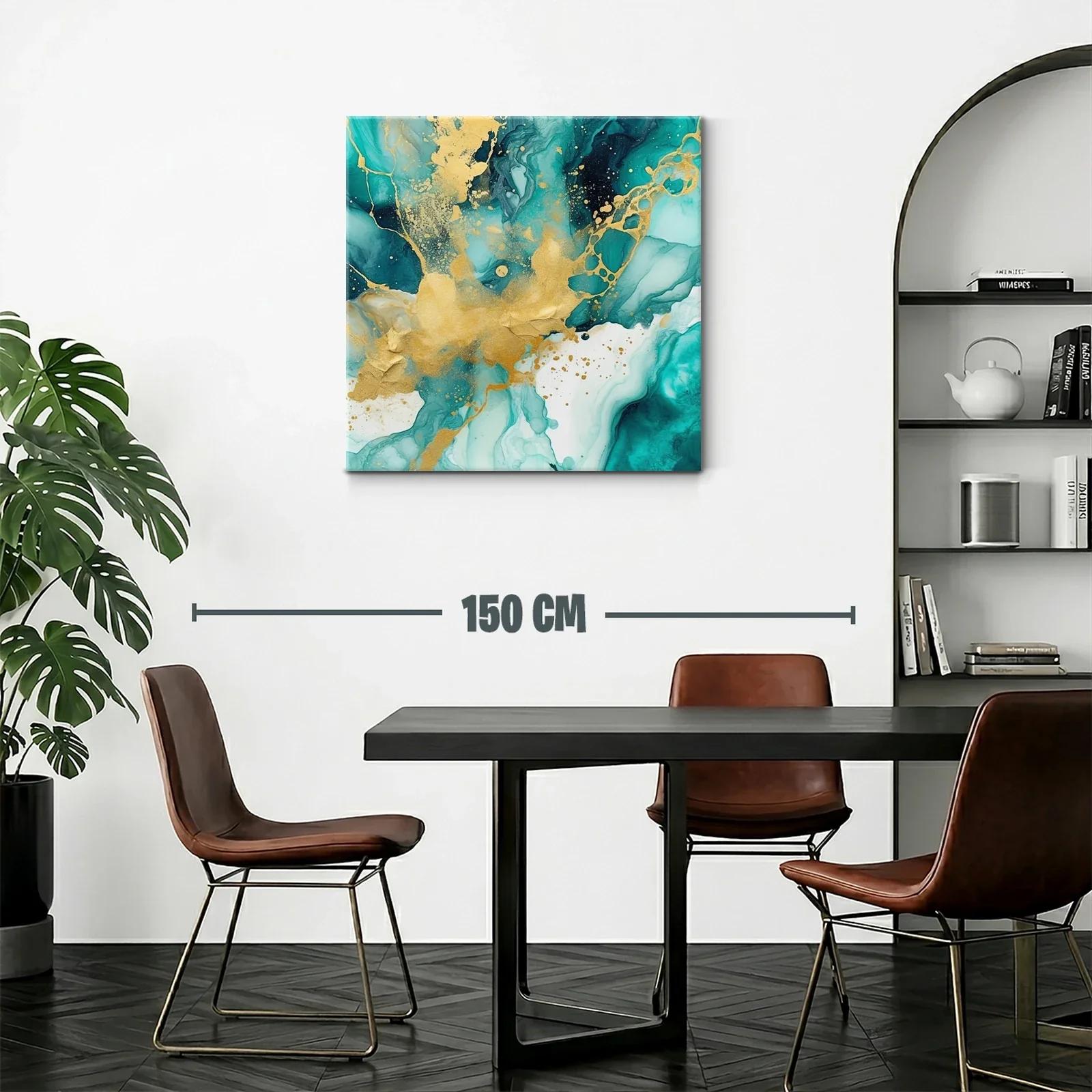 Cuadro abstracto con tonos turquesa y dorados vibrantes — miniatura 2