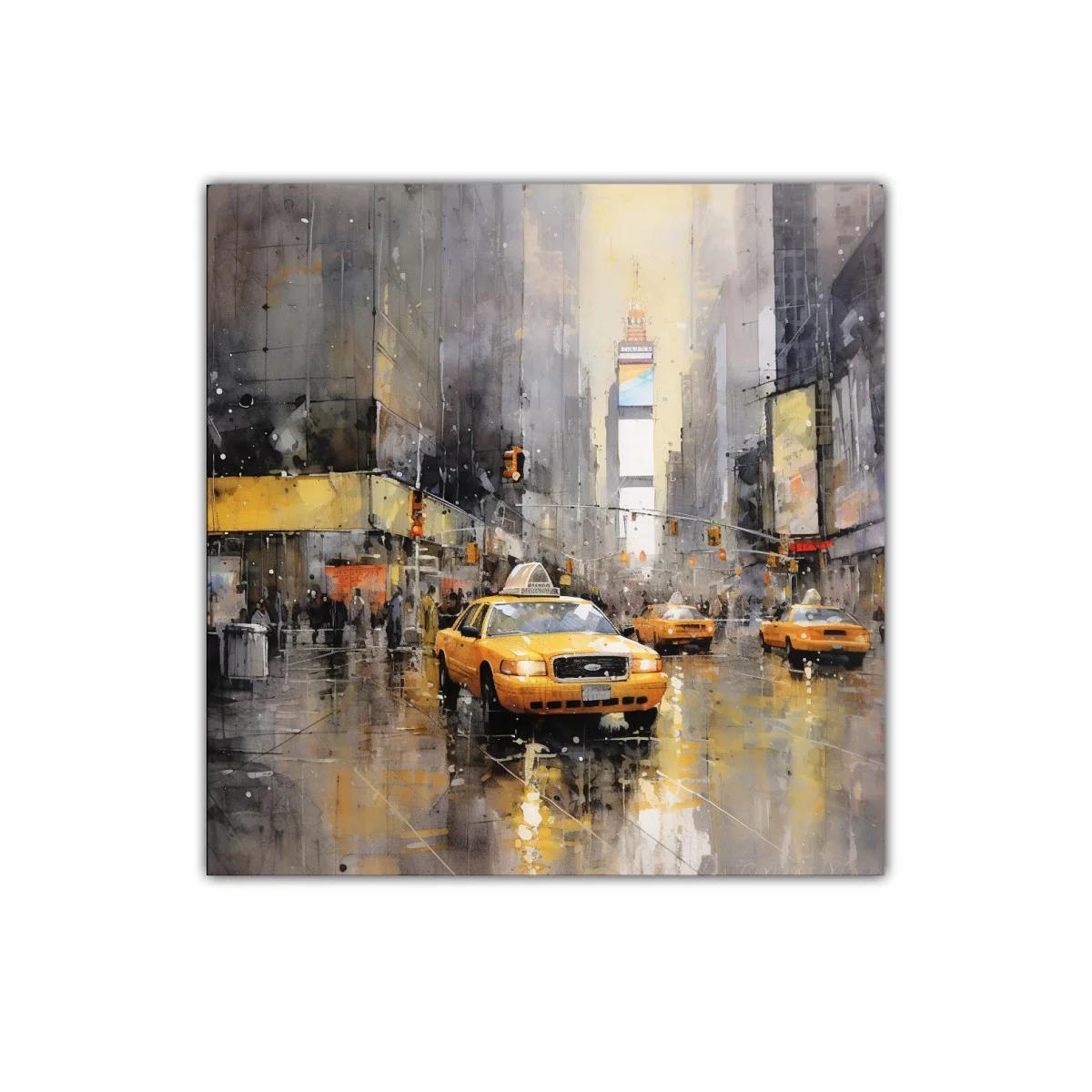 Cuadro urbano con taxis amarillos y reflejos en la lluvia — imagen principal