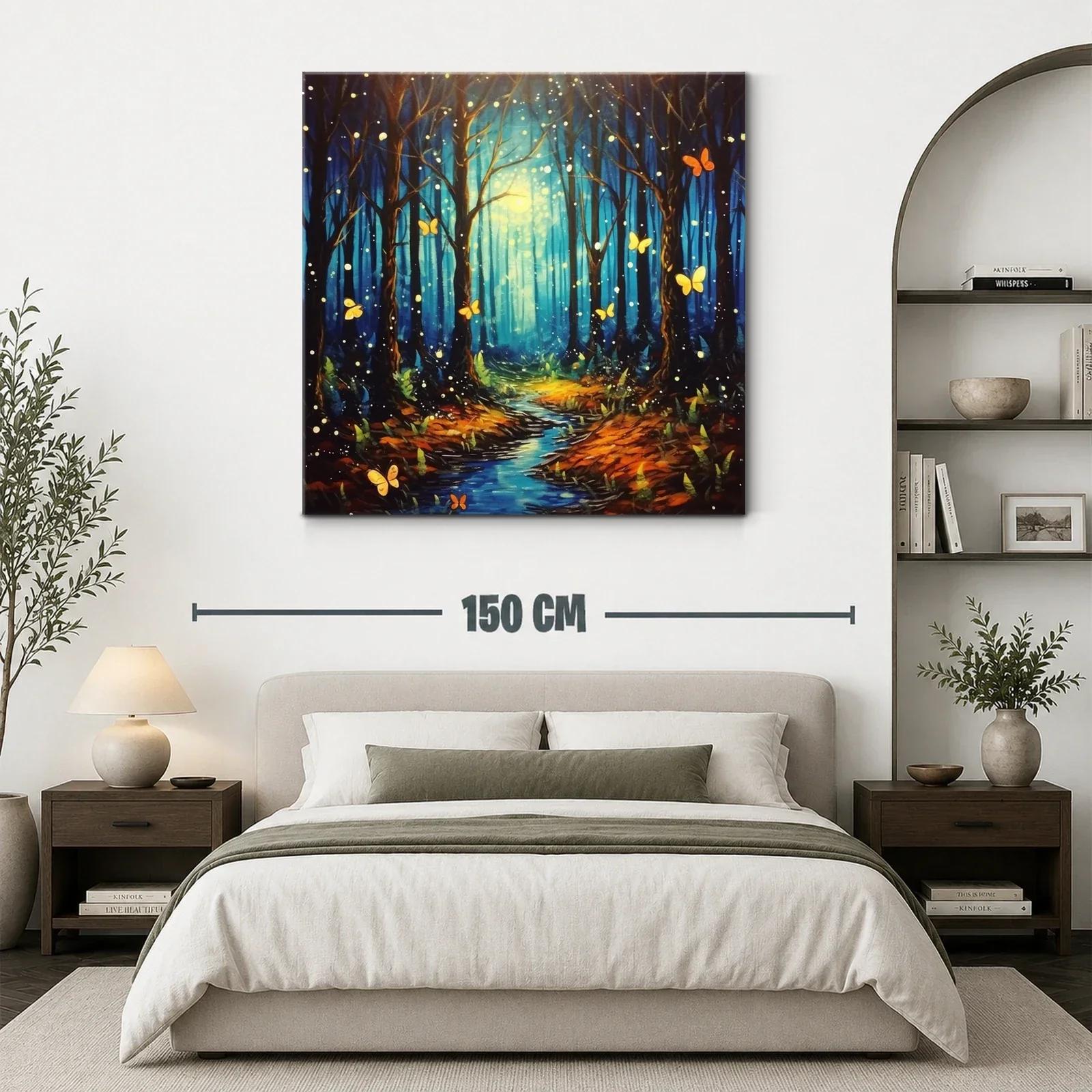 Bosque encantado con mariposas iluminadas y sendero azul — miniatura 3