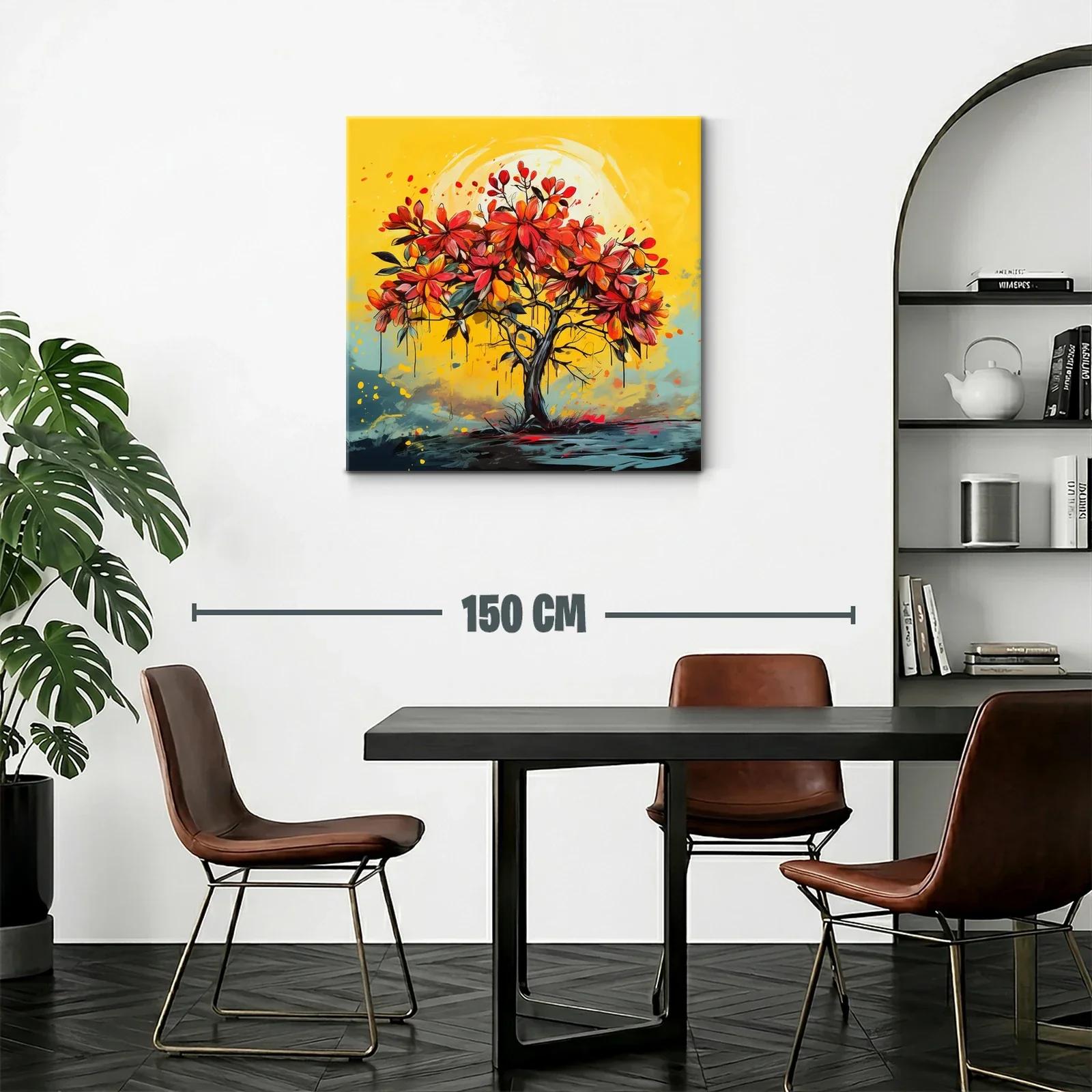Árbol vibrante con flores rojas sobre fondo amarillo cálido — miniatura 2