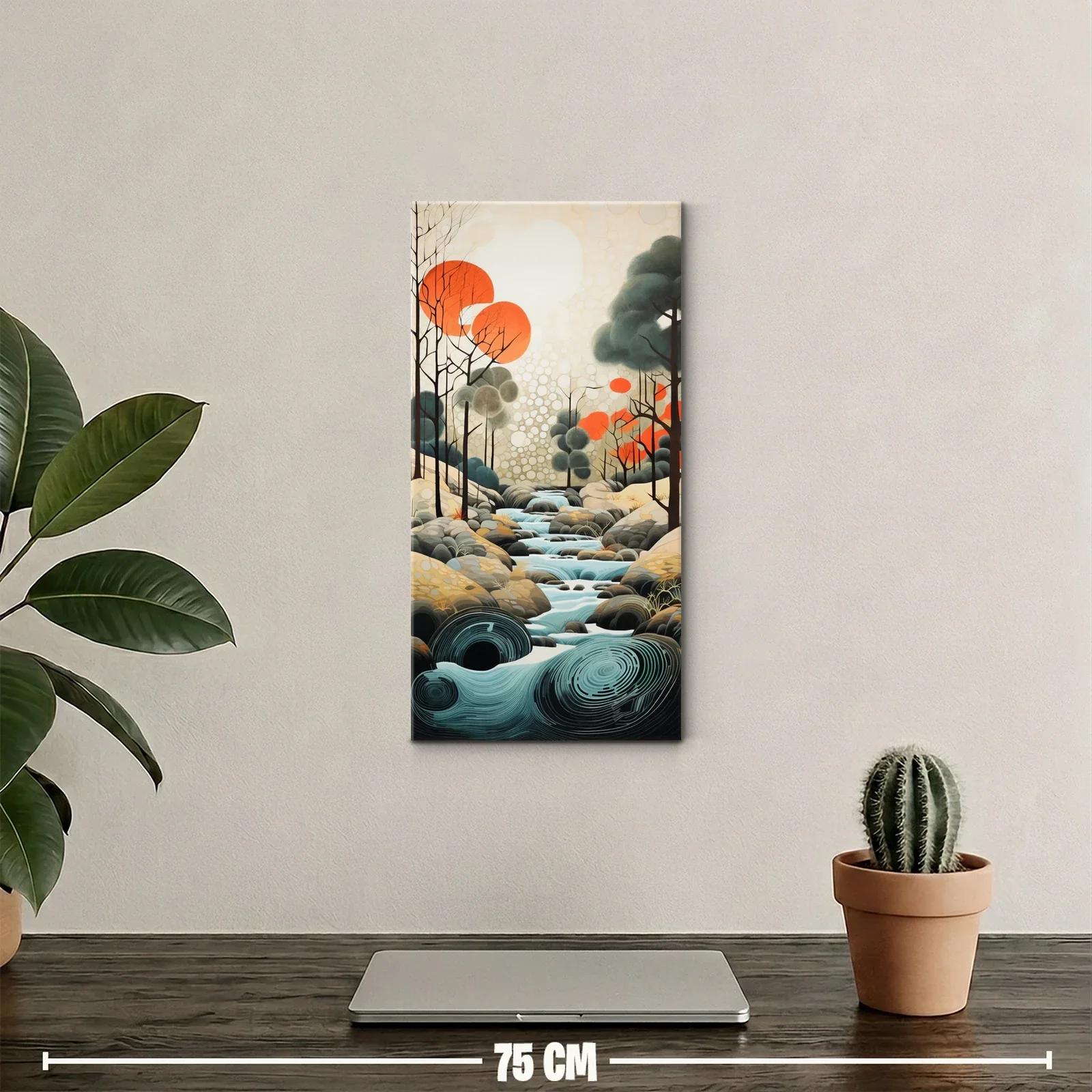 Cuadro paisaje de bosque con arroyo y discos naranjas — miniatura 2