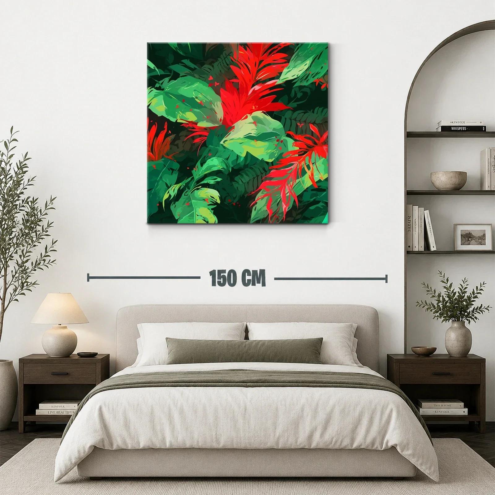 Vibrante cuadro con hojas y flores tropicales rojas y verdes — miniatura 3