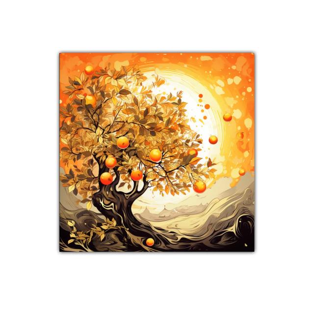 Árbol frutal vibrante con tonos cálidos y dorados