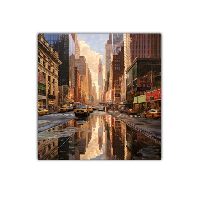 Calle urbana vibrante al atardecer con reflejos dorados