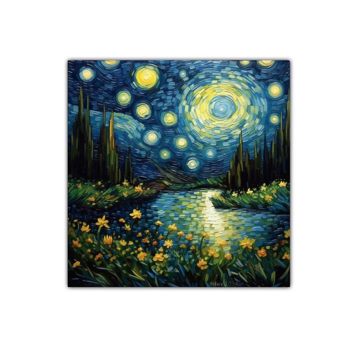Paisaje nocturno estrellado con flores luminosas y río sereno