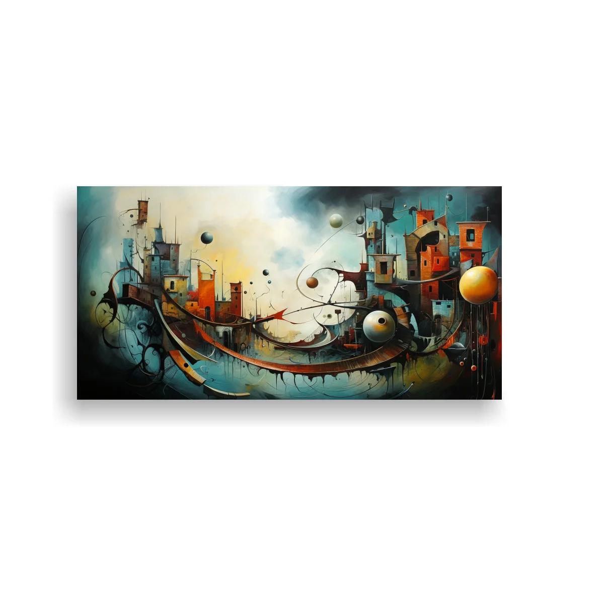 Cuadro barcos surrealistas con construcciones apiladas