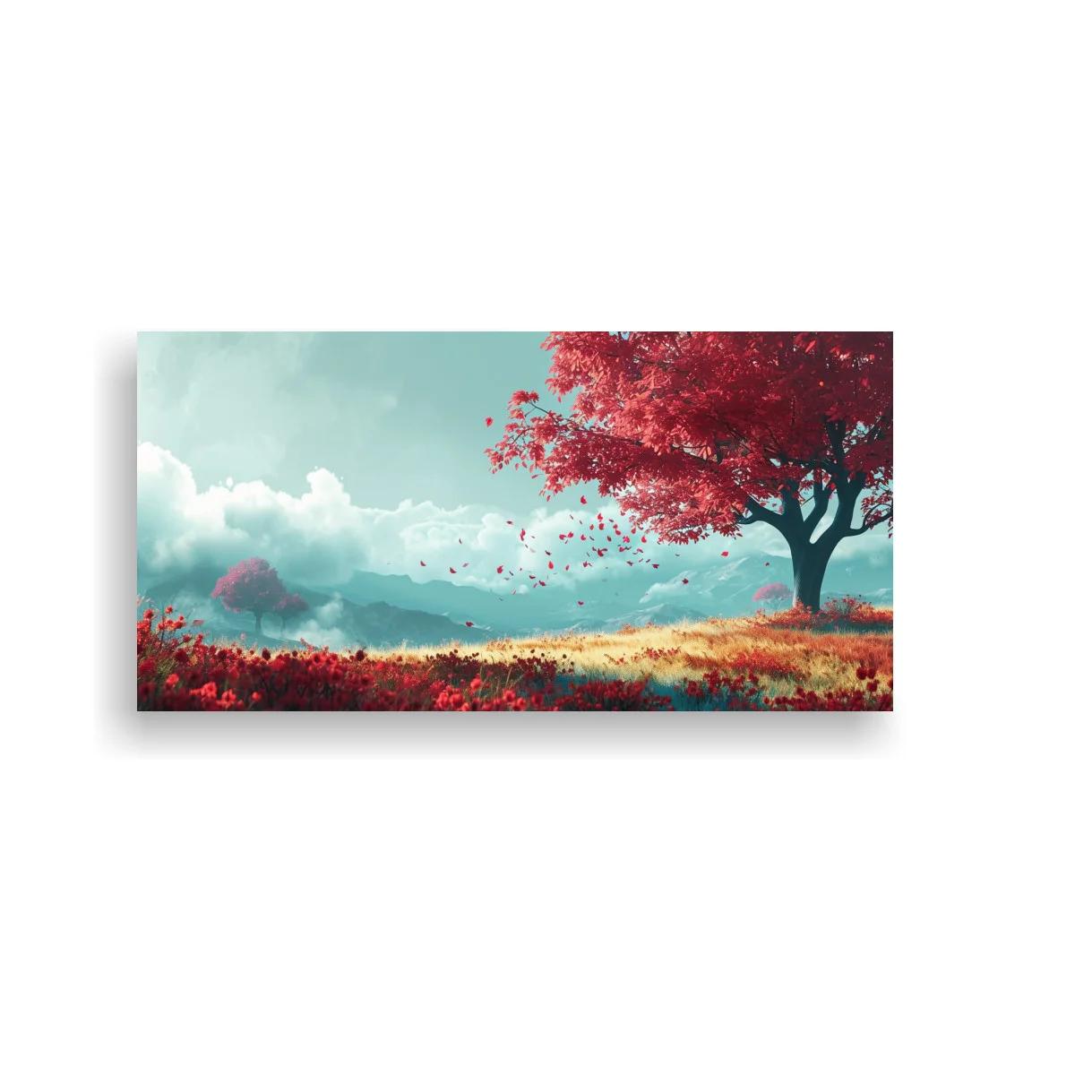 Cuadro árbol de copa roja en pradera florida