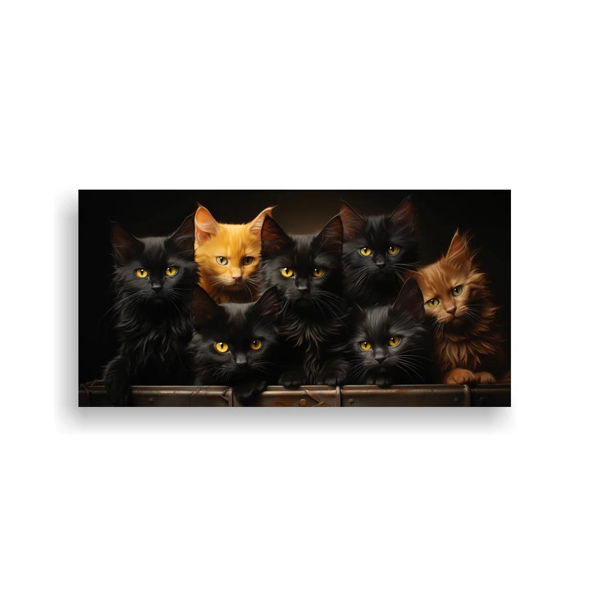 Cuadro grupo de gatos asomados detrás de una caja de madera