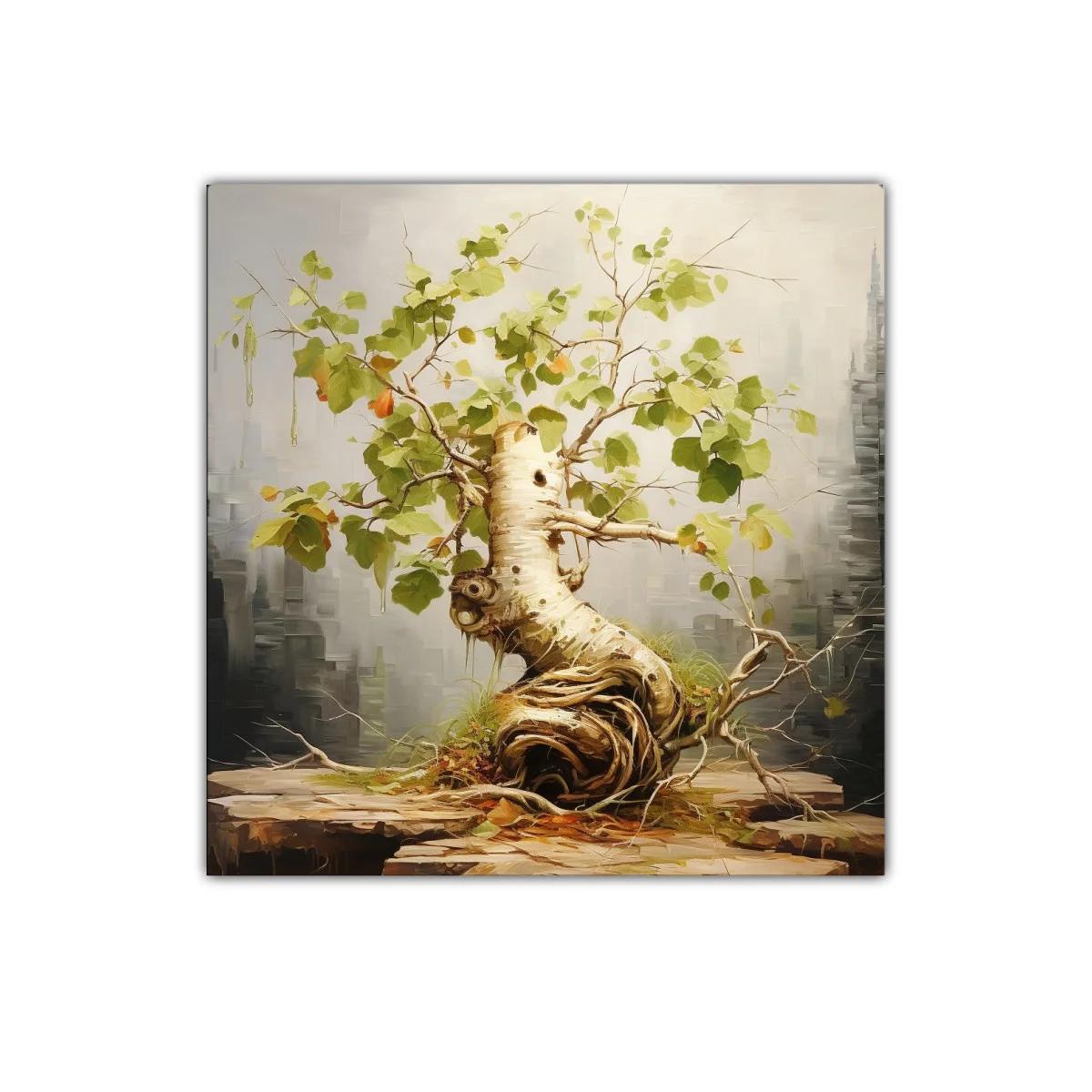 Cuadro con árbol de ramas retorcidas y hojas verdes — miniatura 1