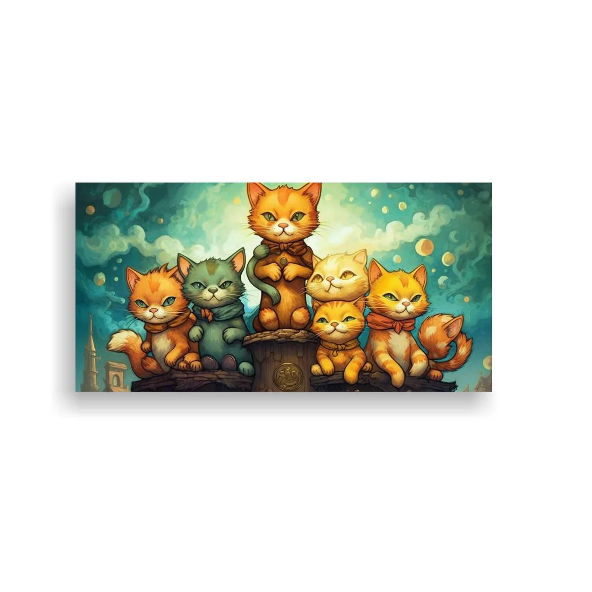 Cuadro grupo de gatos naranjas con fondo urbano fantástico