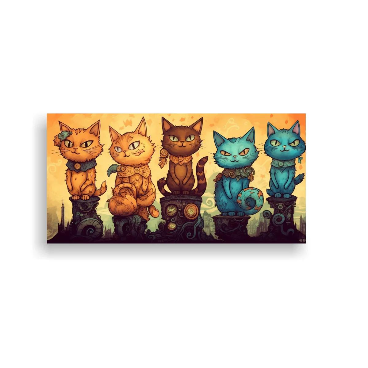 Cuadro cinco gatos sobre pedestales ornamentados
