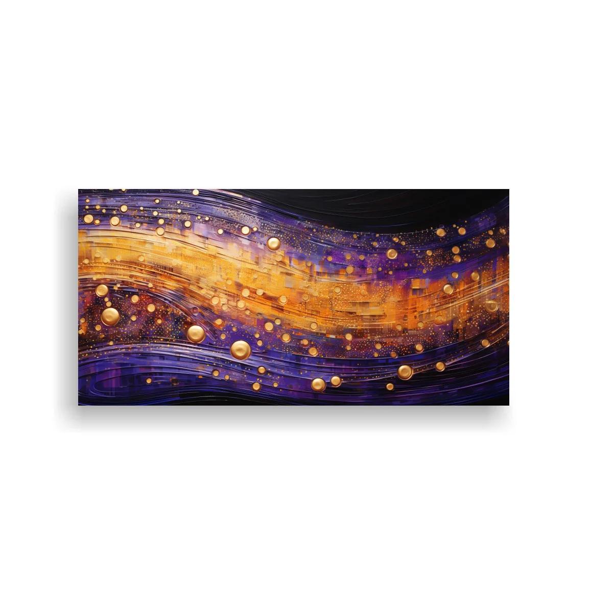Cuadro ondas abstractas doradas y violetas con puntos luminosos