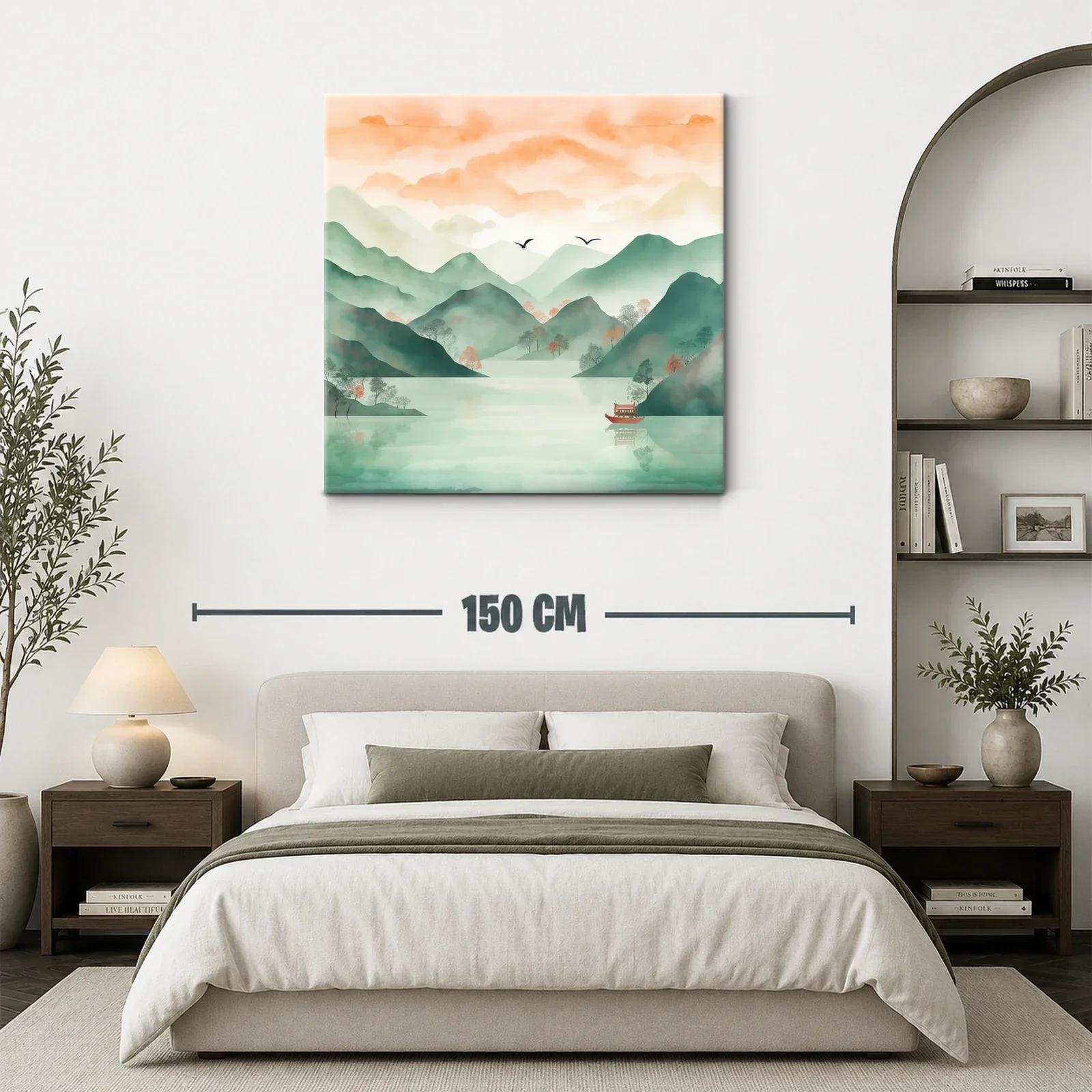 Serena escena de montañas y lago con tonos pastel cálidos — miniatura 3