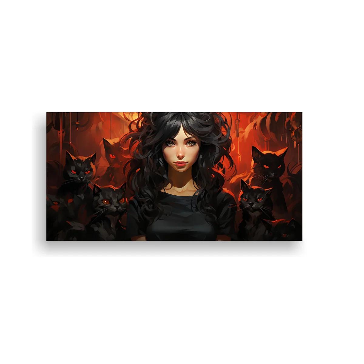 Cuadro mujer de cabello negro rodeada de gatos negros y fondo ardiente