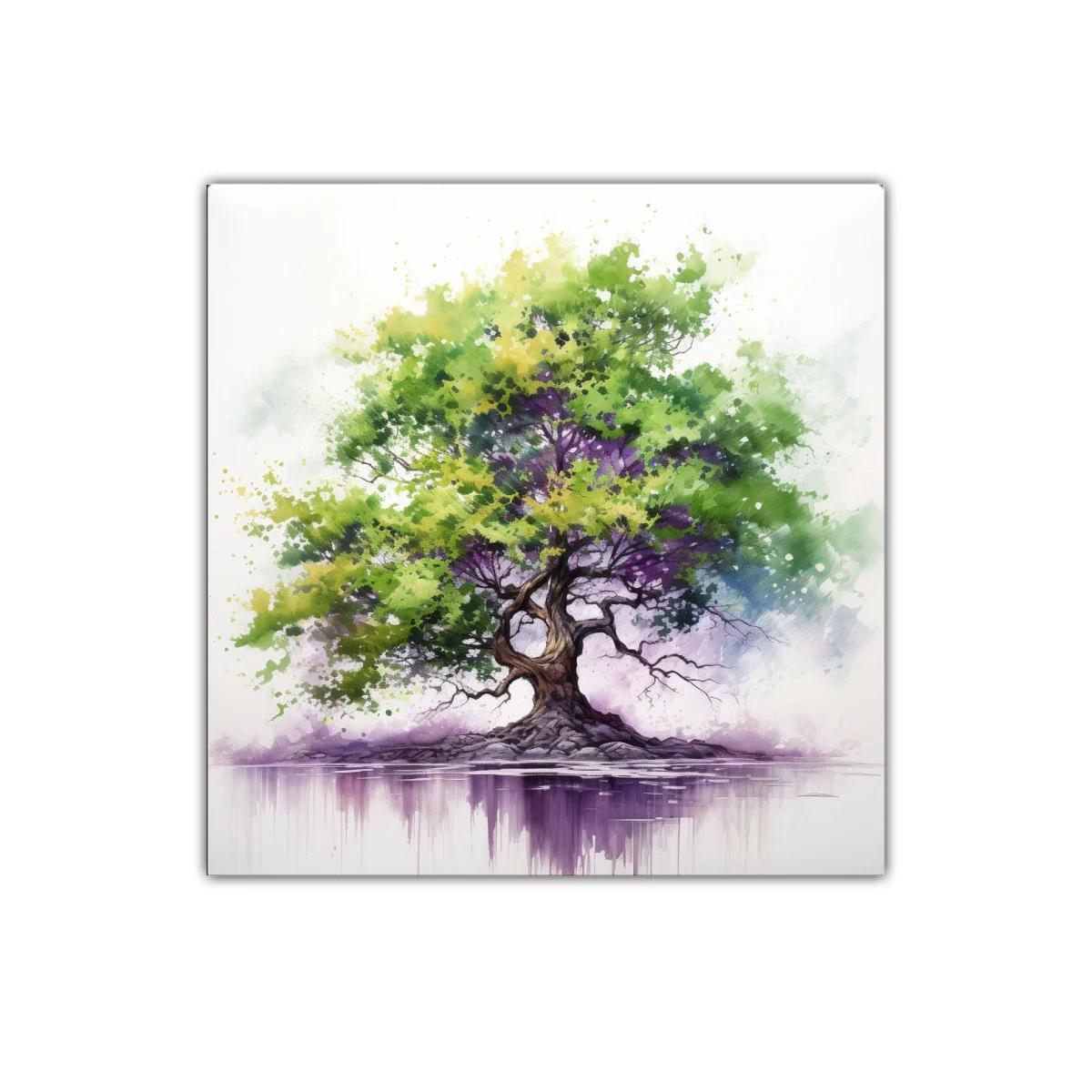 Árbol vibrante con tonos verdes y morados sobre reflejo acuático