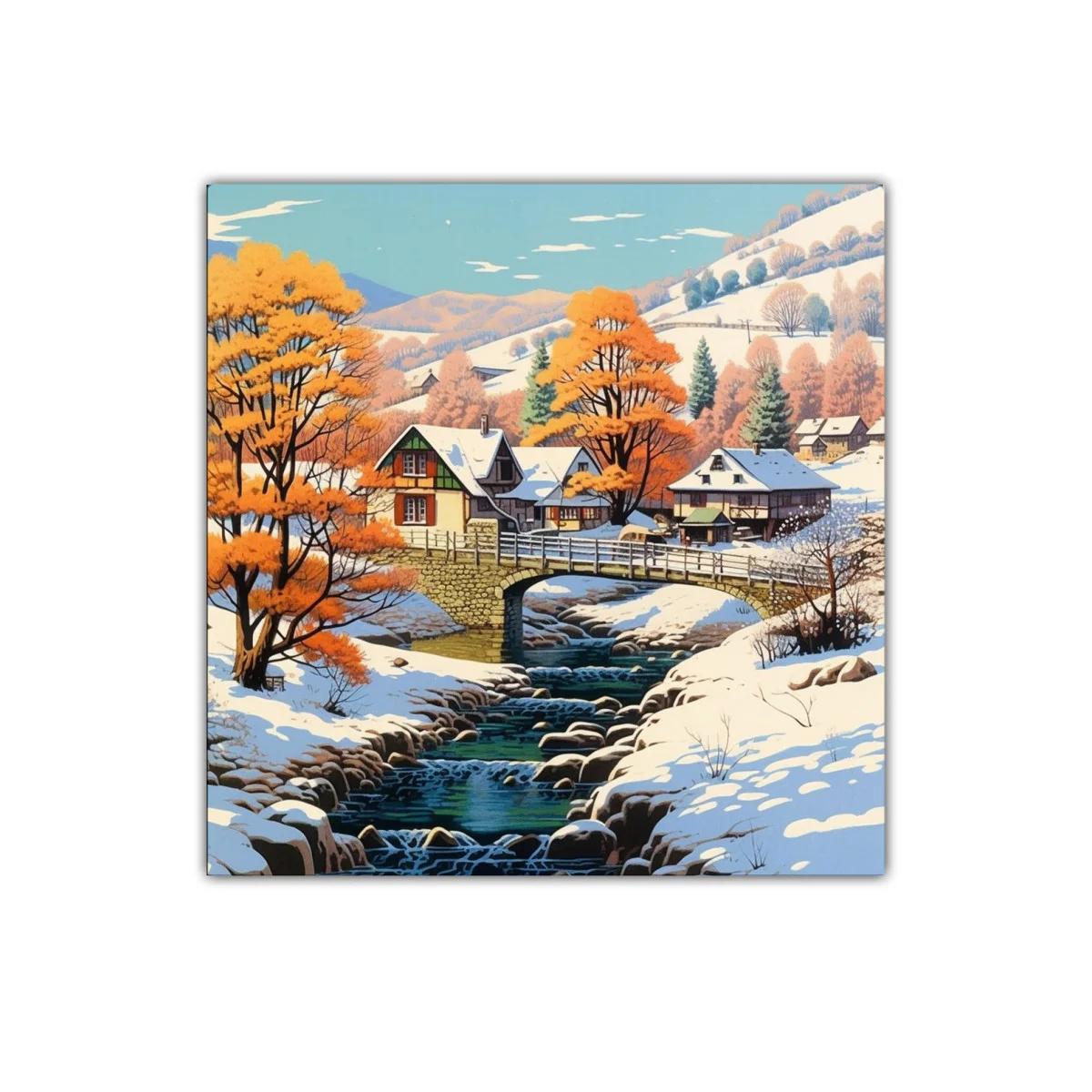 Paisaje invernal con río y árboles en tonos cálidos — imagen principal