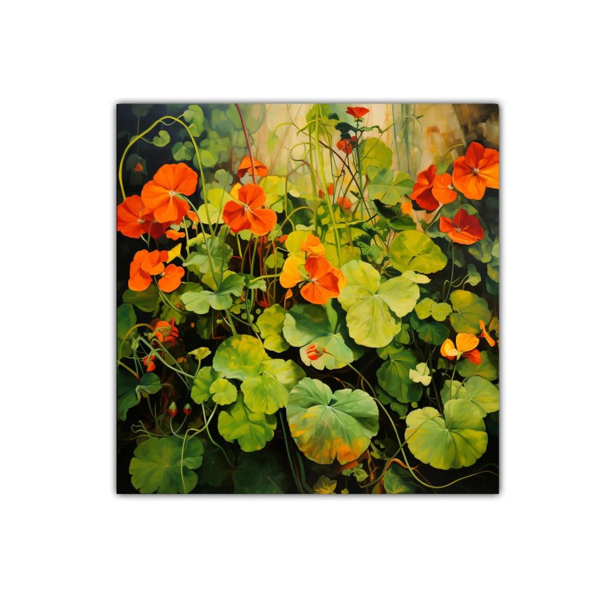 Cuadro decorativo flores en tonos verdes y naranjas vibrantes — imagen principal