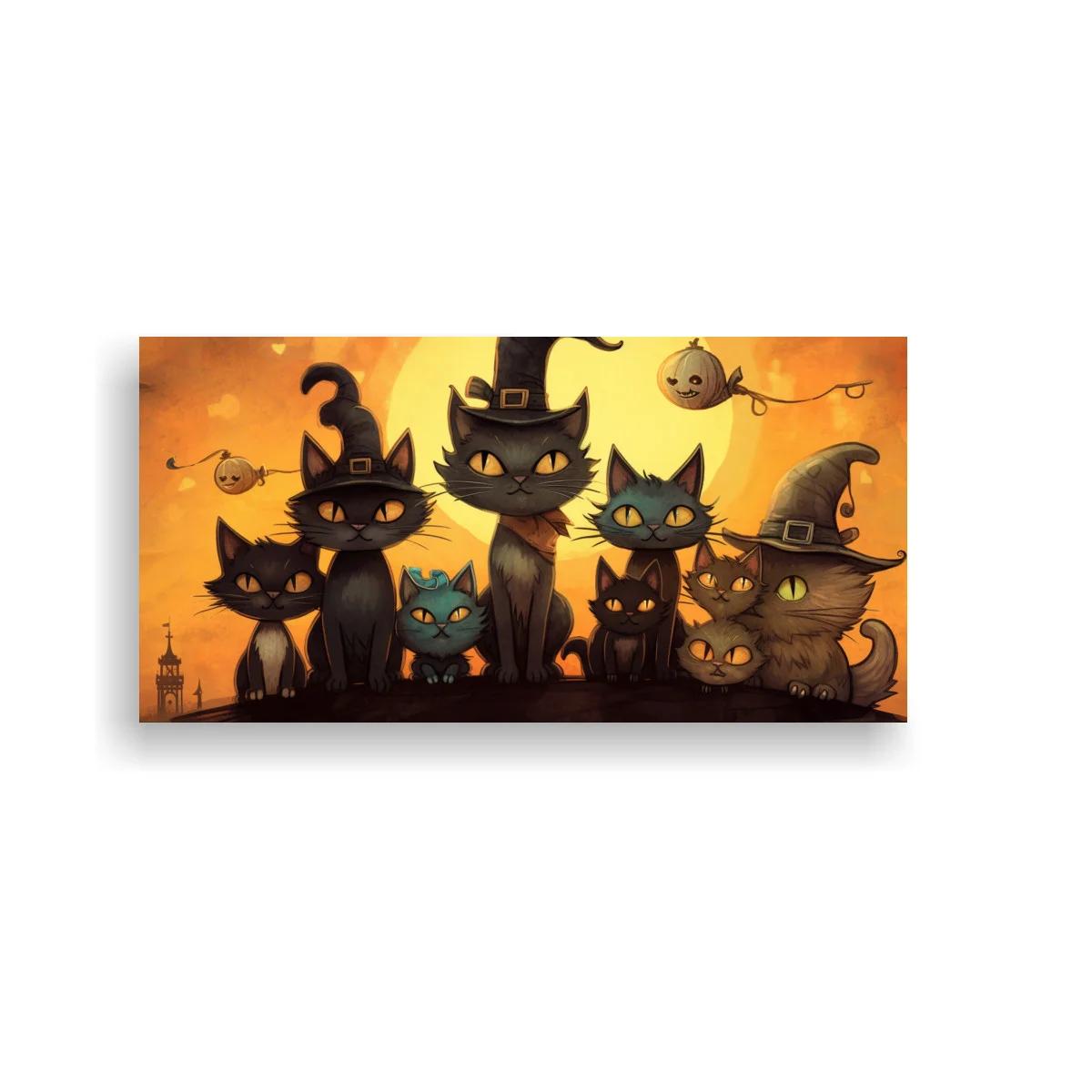 Cuadro gatos negros con sombreros de bruja y luna circular — imagen principal