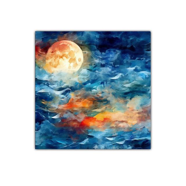 Cuadro decorativo luna llena y nubes en tonos azules y naranjas