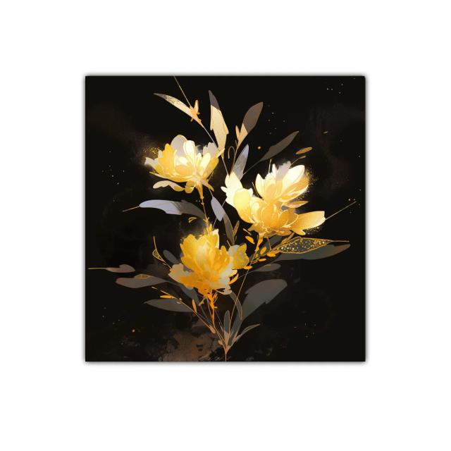 Cuadro decoración flores doradas con fondo negro elegante