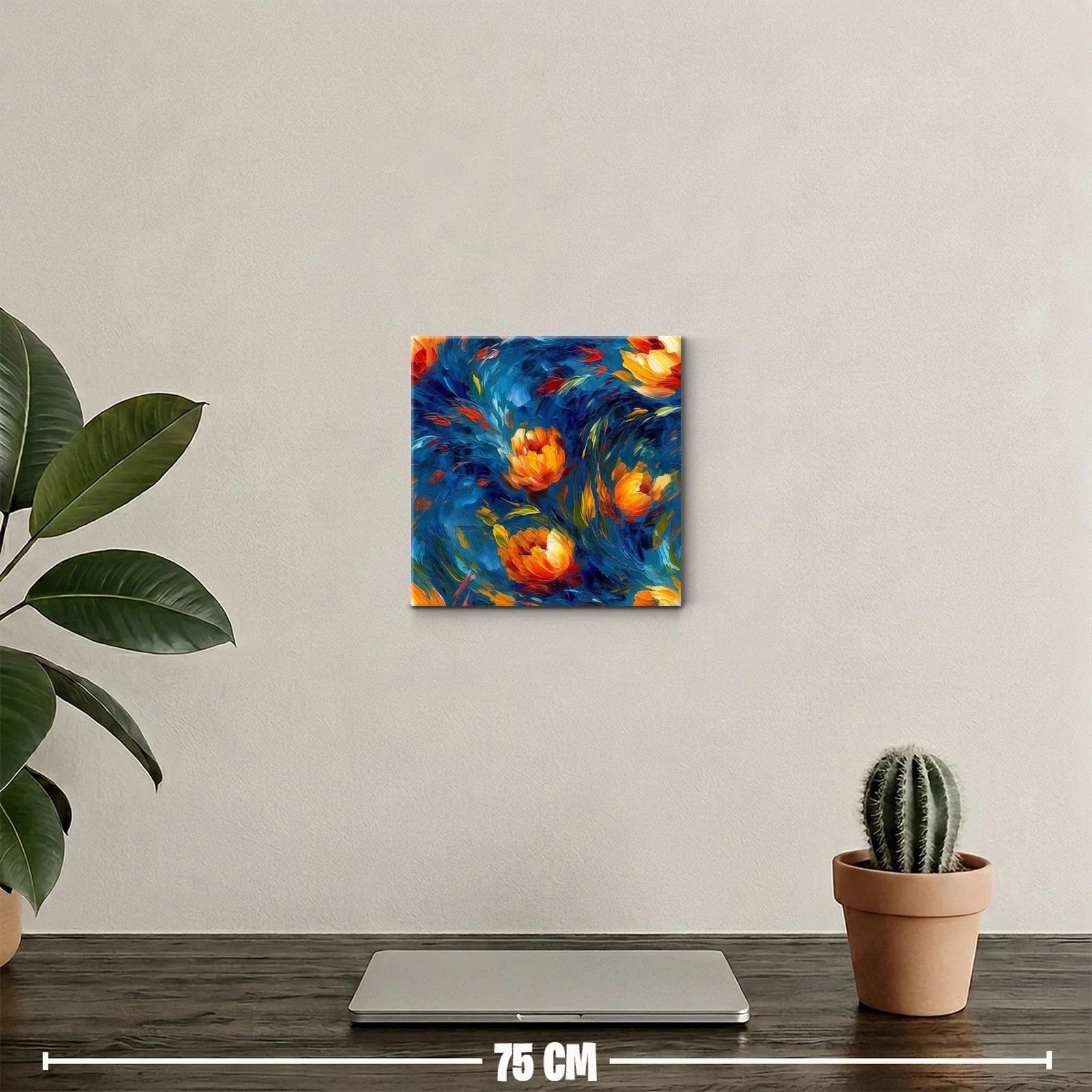 Cuadro vibrante con flores cálidas sobre fondo azul intenso — miniatura 2