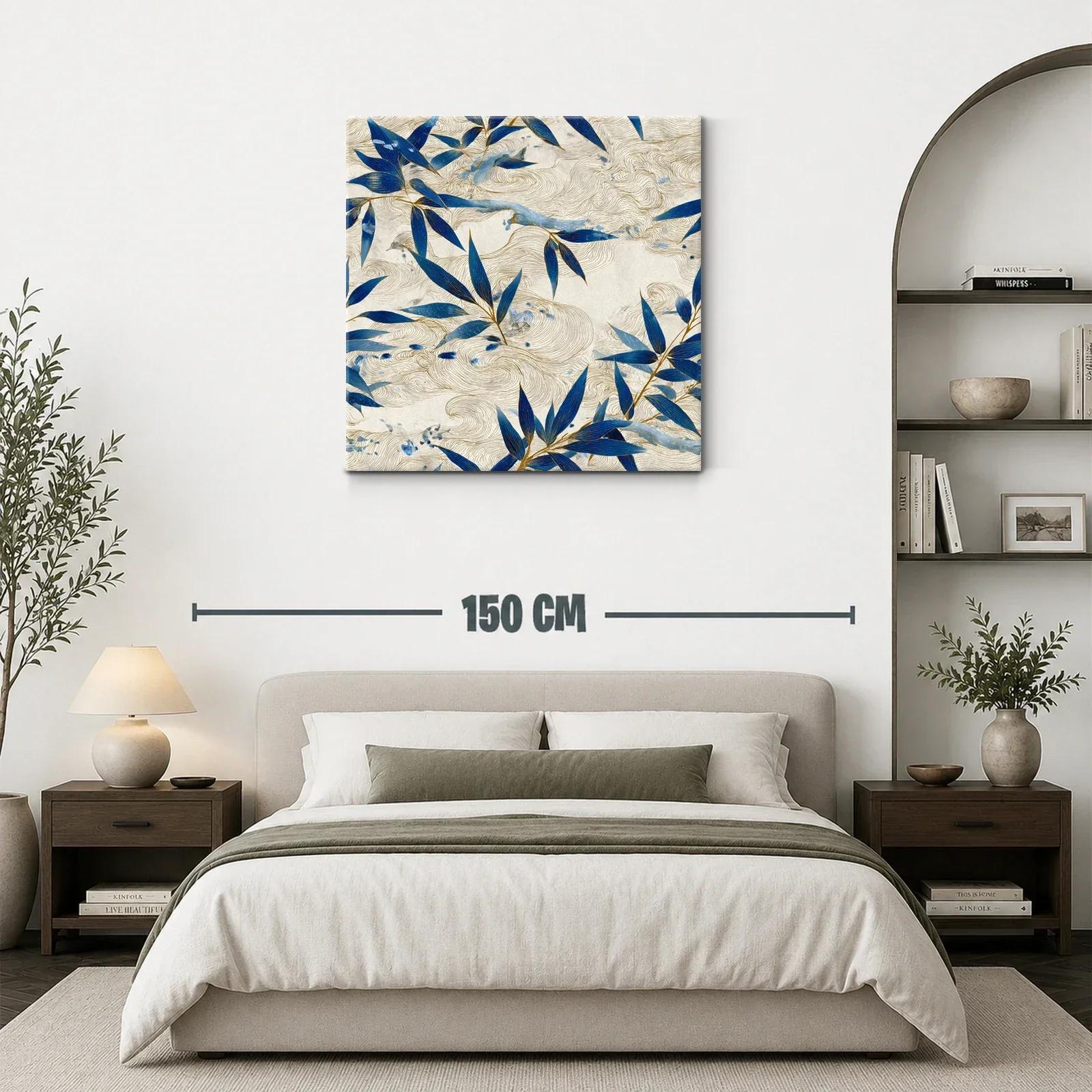 Cuadro con hojas azules y trazos dorados sobre fondo beige — miniatura 3
