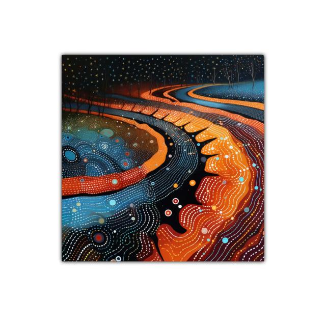 Cuadro abstracto con formas orgánicas en tonos cálidos y fríos