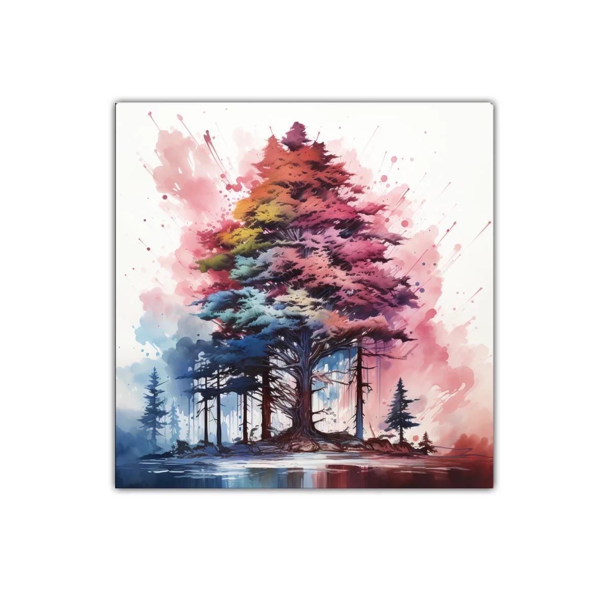 Árbol multicolor con paisaje de bosque y reflejo en agua — imagen principal
