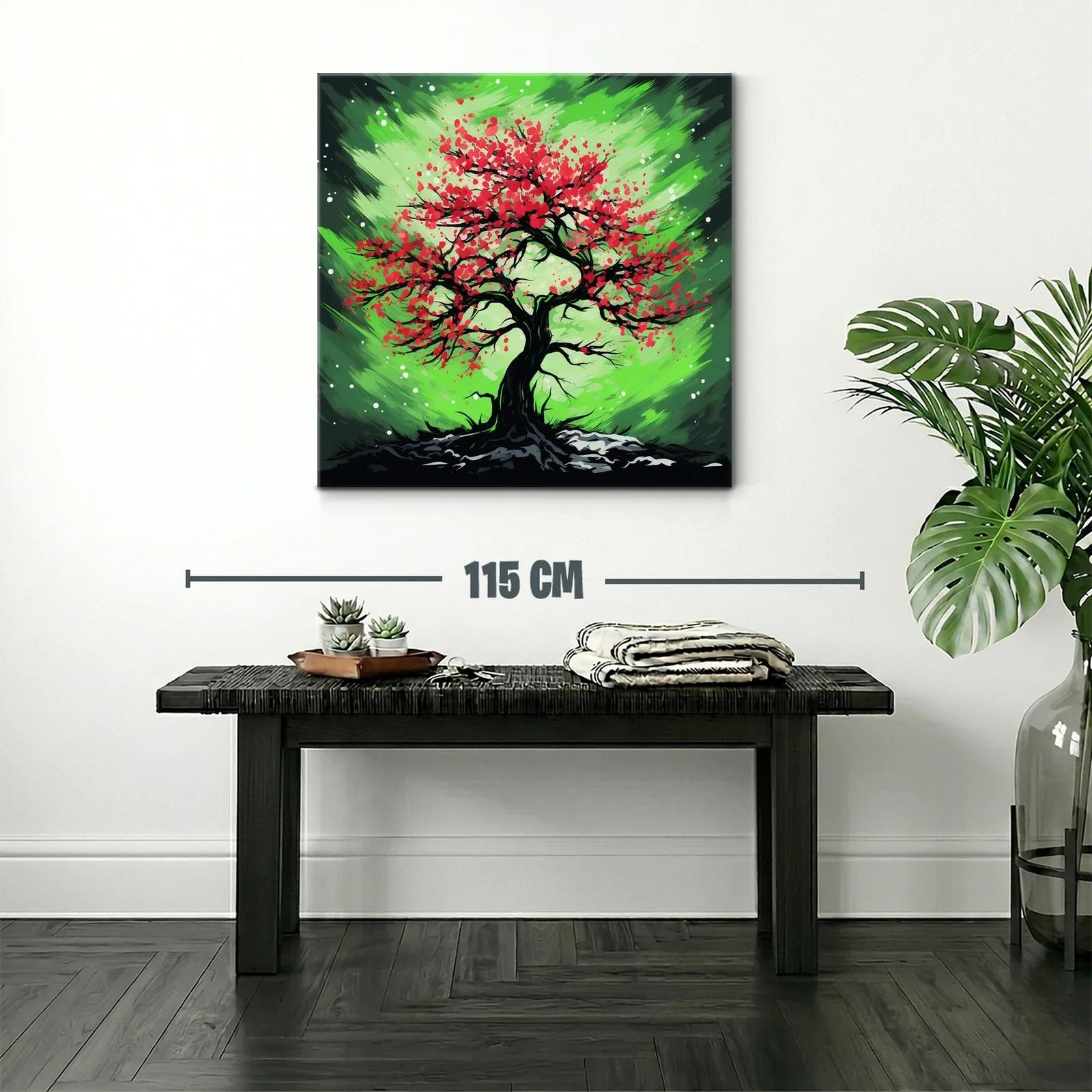 Árbol vibrante con flores rojas sobre fondo verde dinámico — miniatura 2
