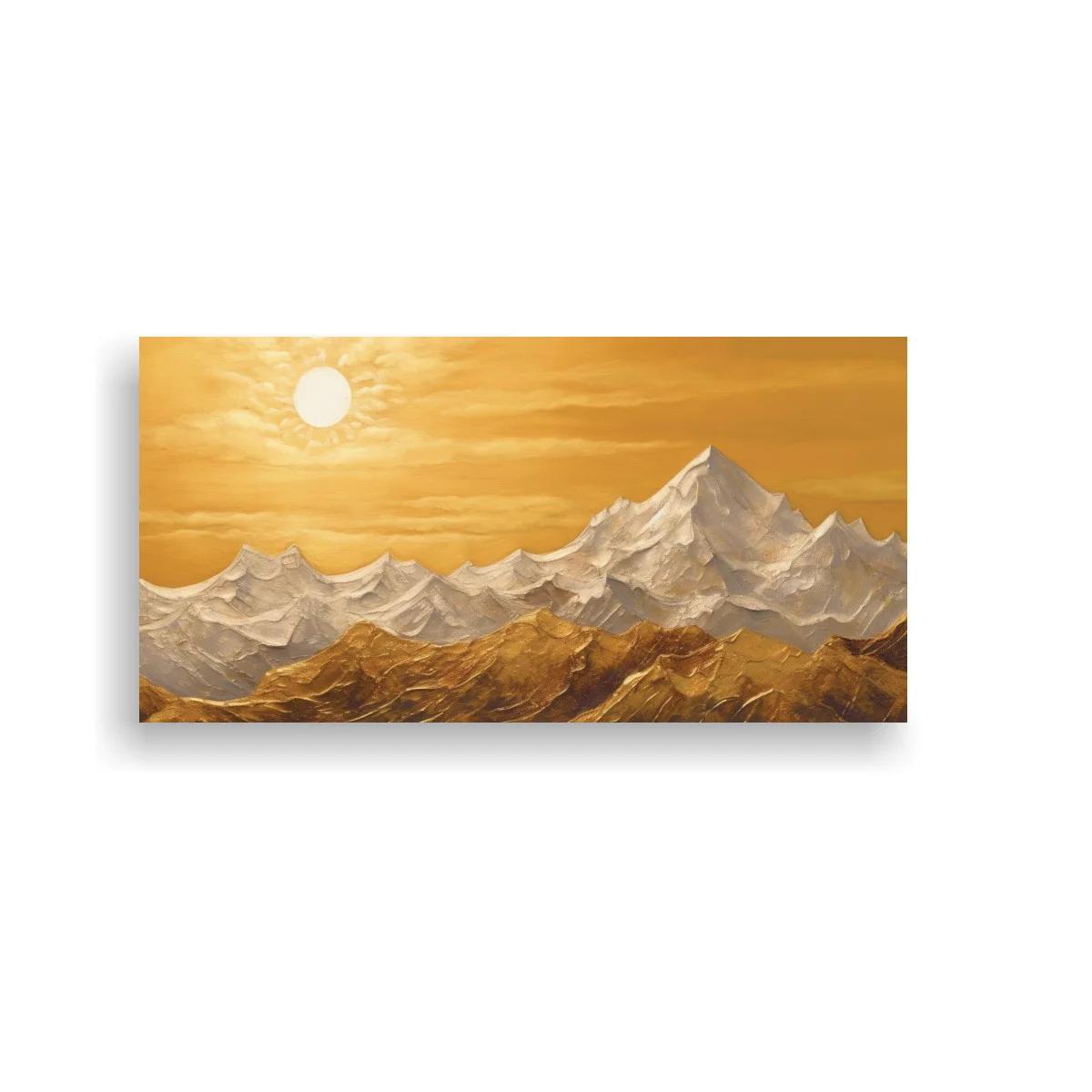 Cuadro cordillera de montañas nevadas con sol dorado